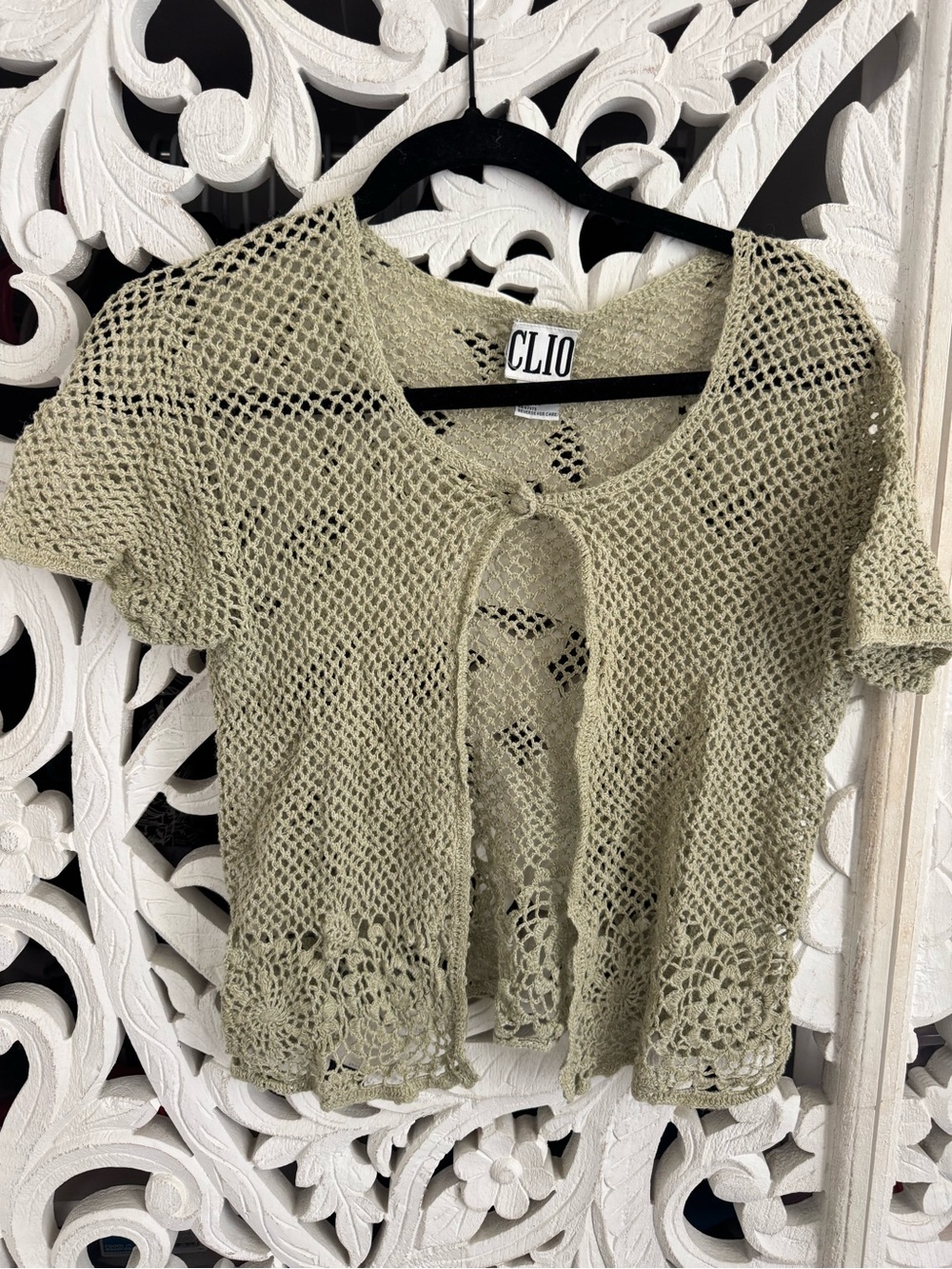 Vintage Clio Sage Green Open Crochet Knit Top Tie-Front Size M